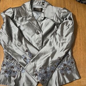Dana Buchman Metallic Gray Blazer with Floral Embroidery